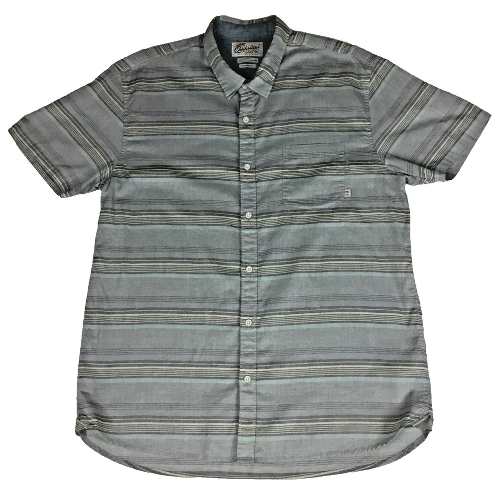 Quiksilver Mens XXL Gray Striped Short Sleeve Button Up Shirt Modern Fit Surf